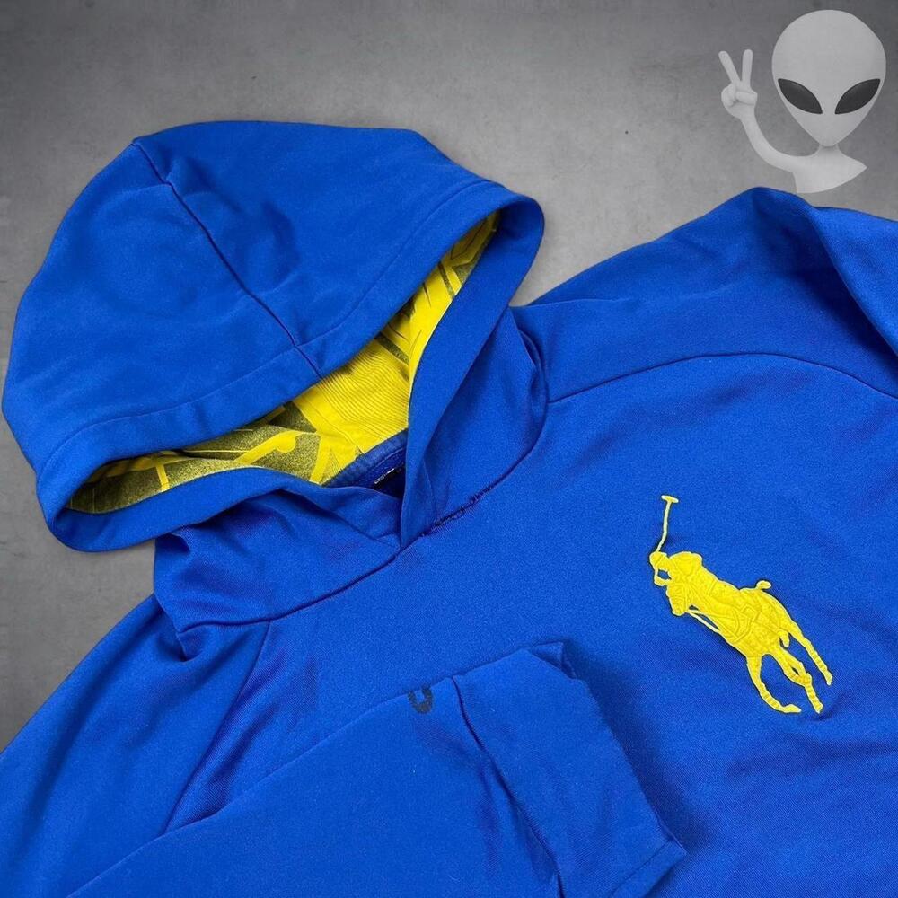 Polo Ralph Lauren Extra Large Royal Blue Big Pony Hoodie Yellow Contrast Fleece - Picture 3 of 8